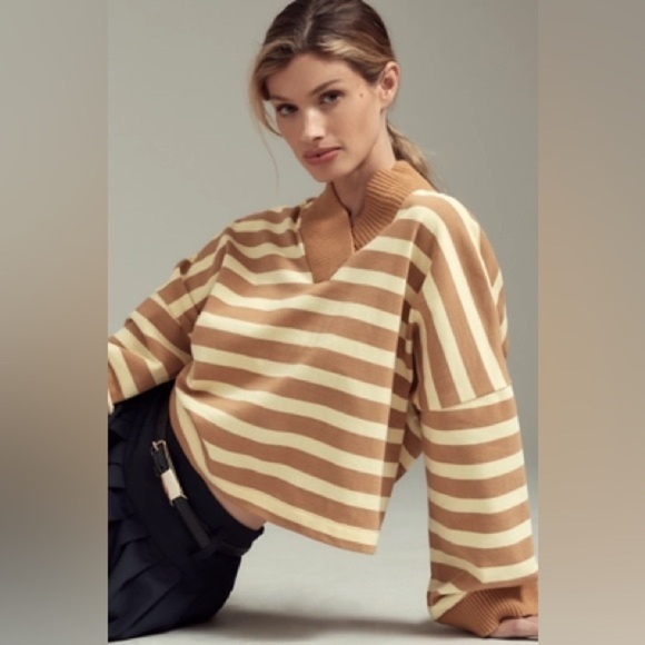 Anthropologie Maeve Cotton Boxy Oversized V-Neck Top sweater ribbed pullover - Picture 2 of 12